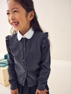Next Grey Cotton Rich Frill Shoulder School Cardigan (3-16yrs)^ Knitwear|Knitwear
