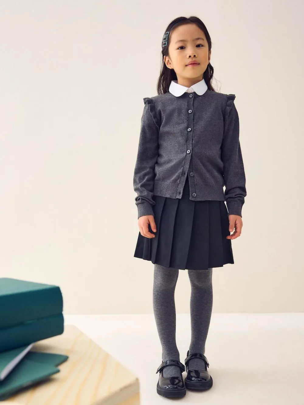 Next Grey Cotton Rich Frill Shoulder School Cardigan (3-16yrs)^ Knitwear|Knitwear