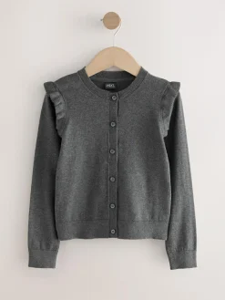 Next Grey Cotton Rich Frill Shoulder School Cardigan (3-16yrs)^ Knitwear|Knitwear