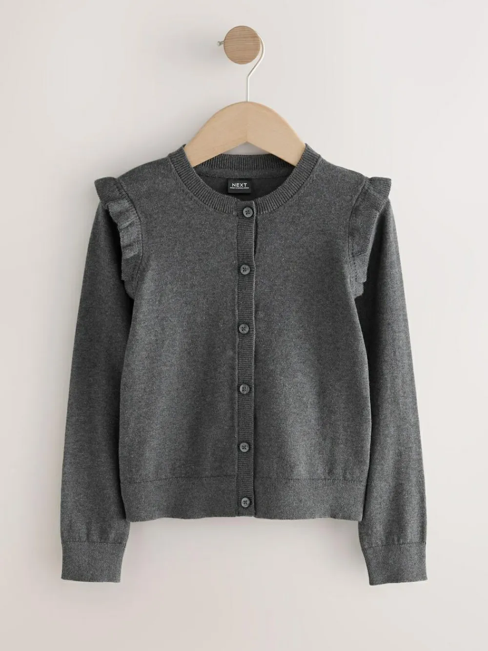 Next Grey Cotton Rich Frill Shoulder School Cardigan (3-16yrs)^ Knitwear|Knitwear
