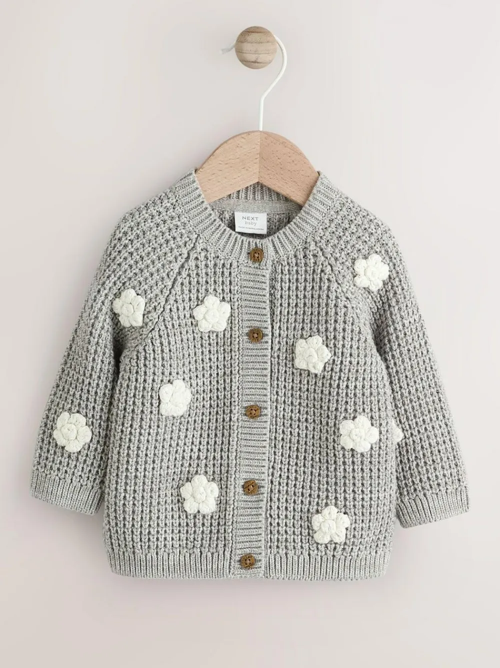 Next Baby Knitted Cardigan (0mths-3yrs) Grey Crochet Flowers