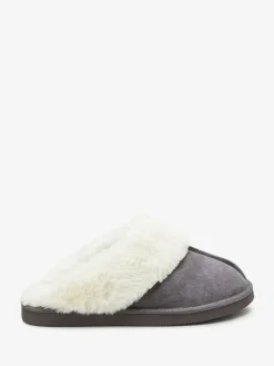Hot Next Grey Faux Fur Lined Suede Mule Slippers