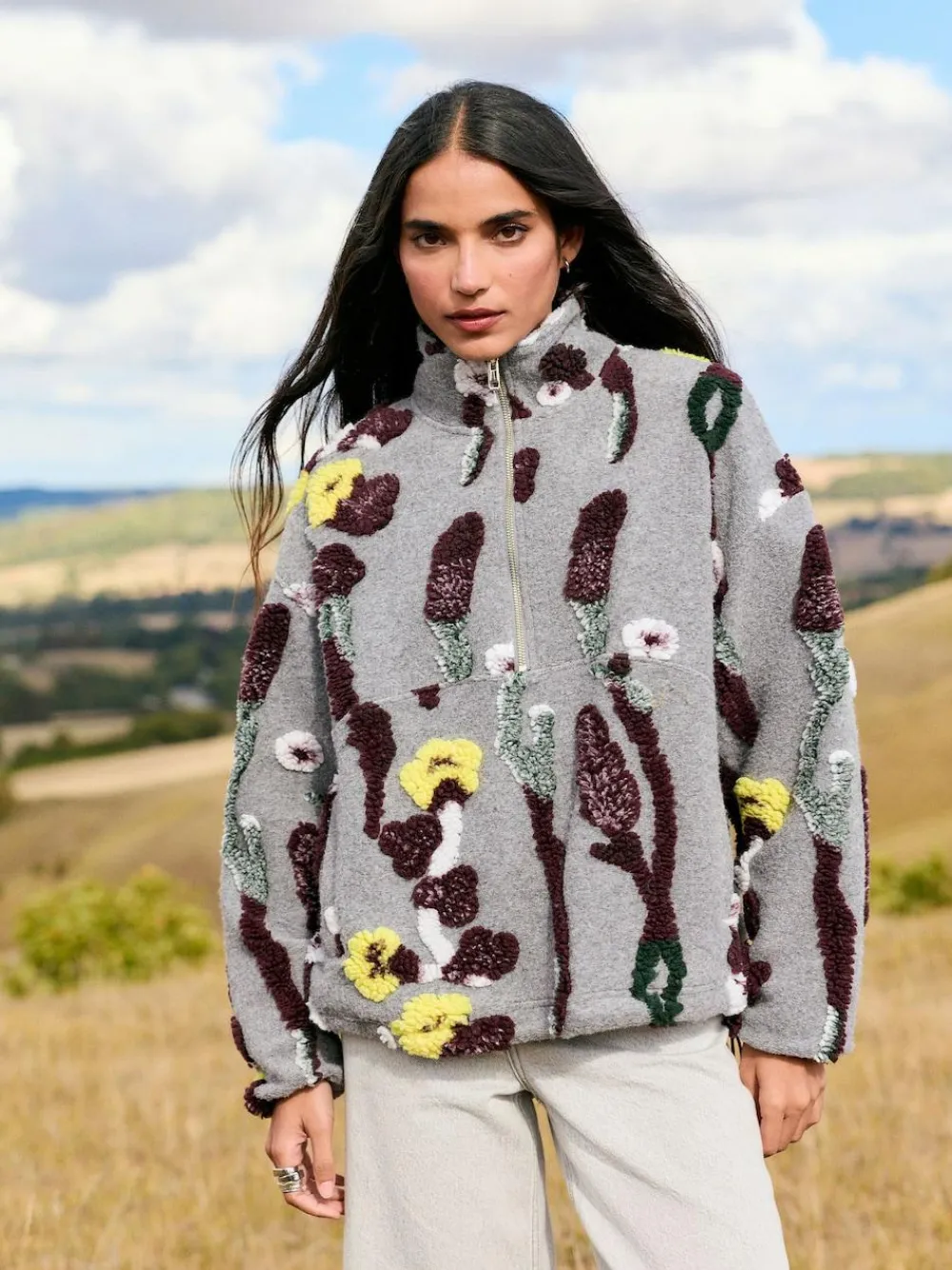 Discount Next Grey Floral Jacquard Floral Jaquarded Borg Half Zip Neck Fleece Sweatshirt