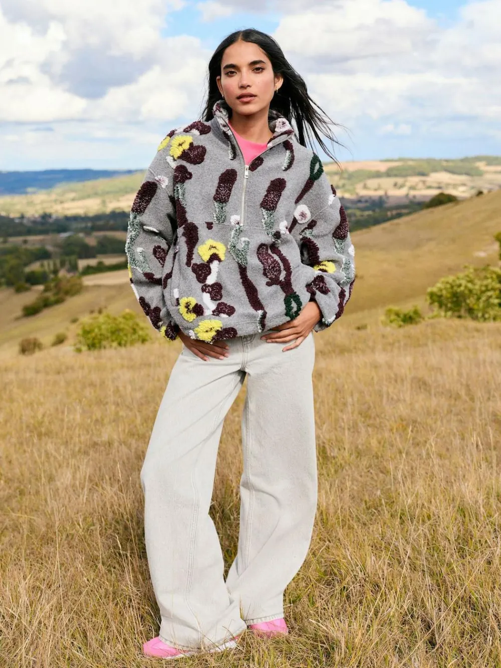 Discount Next Grey Floral Jacquard Floral Jaquarded Borg Half Zip Neck Fleece Sweatshirt