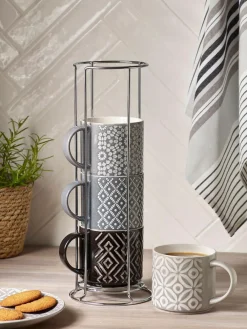 Next Grey Geo Embossed Set of 4 Stacking Mugs^ Mugs & Cups