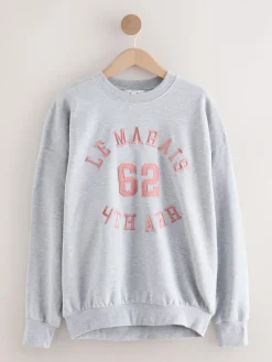 Next Grey Graphic Satin Applique 'Le Marais' City Longsleeve Crewneck Sweatshirt^Women Nightwear|Hoodies & Sweatshirts