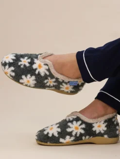 Clearance Lunar Ladies Flower Pattern Slippers Grey