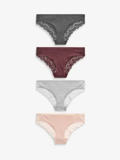Next Grey Marl/Pink/Plum Bikini Cotton Lace Knickers 4 Pack^Women Panties