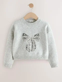 Next Grey Sequin Bow Jumper (3-16yrs)^ Knitwear & Sweaters|Knitwear