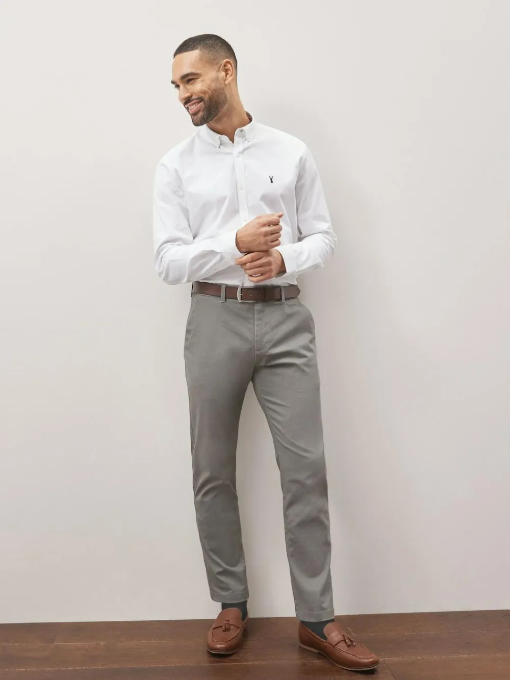 Discount Next Slim Fit Printed Belted Soft Touch Chino Trousers Grey