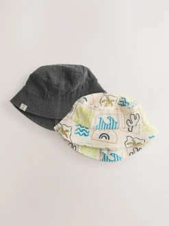 Online Next Grey Stampy Printed Woven Baby Bucket Hats 2 Pack (0mths-2yrs)