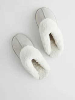 Next Grey Suede Faux Fur Mule Slippers^Women Slippers|All Night & Lounge