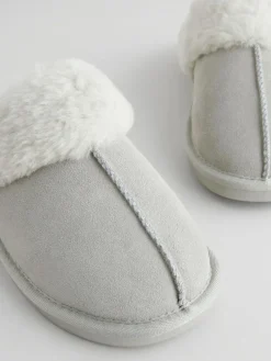 Next Grey Suede Faux Fur Mule Slippers^Women Slippers|All Night & Lounge