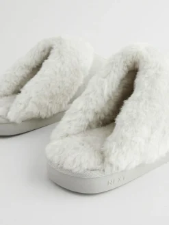 Next Grey Suede Faux Fur Mule Slippers^Women Slippers|All Night & Lounge