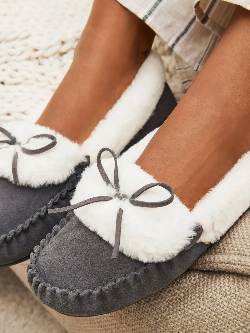 Next Grey Suede Moccasin Slippers^Women Slippers