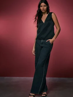 Clearance Next Grey Washed Black Embellished Studded High Rise Palazzo Wide Leg Jeans