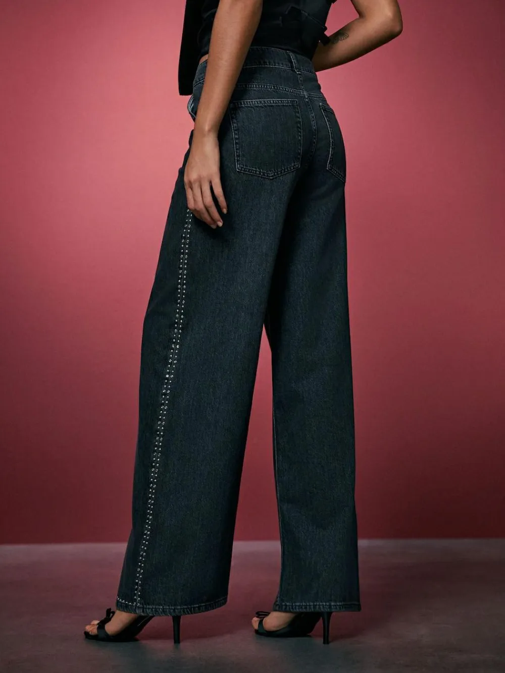 Clearance Next Grey Washed Black Embellished Studded High Rise Palazzo Wide Leg Jeans