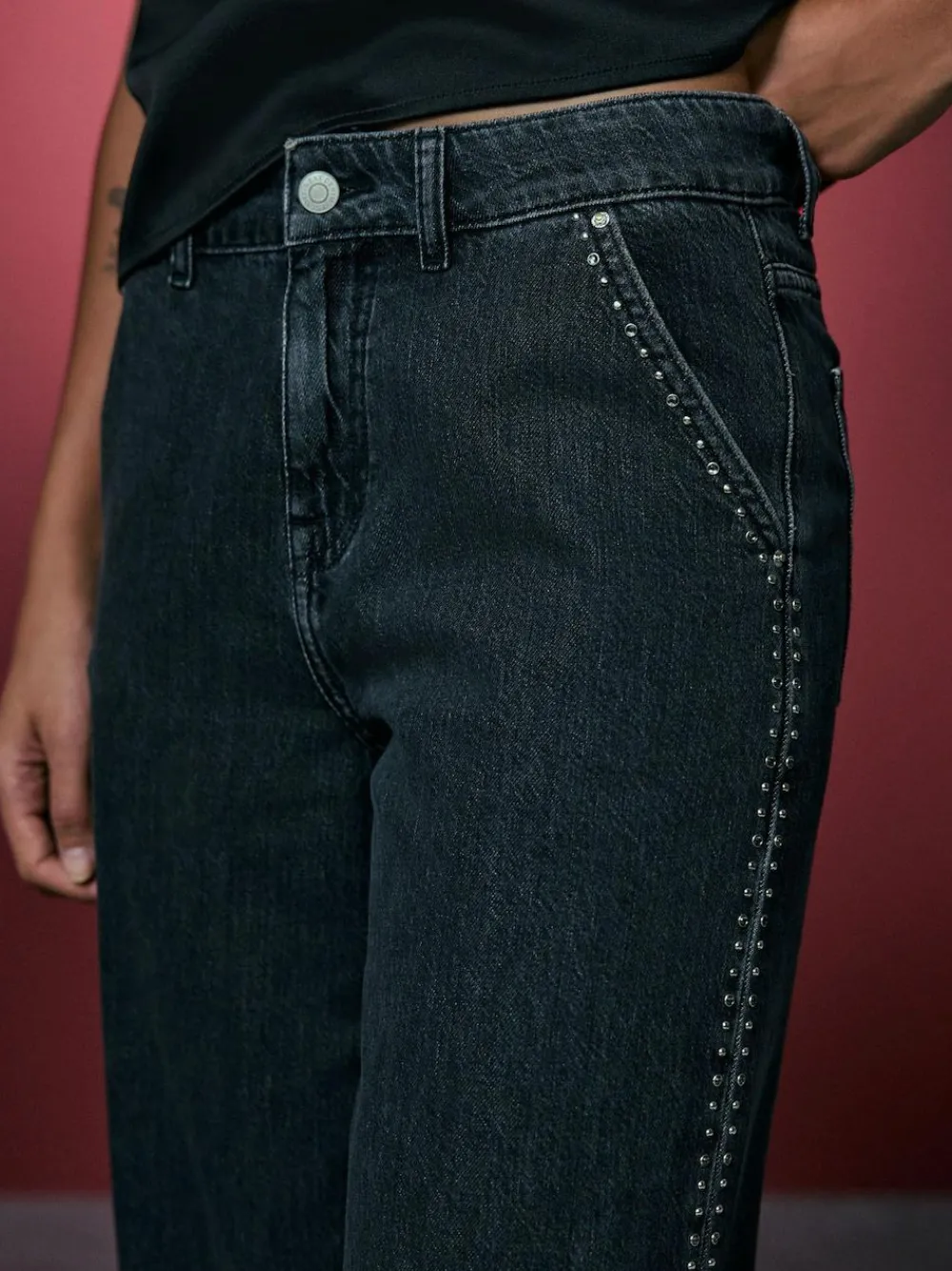 Clearance Next Grey Washed Black Embellished Studded High Rise Palazzo Wide Leg Jeans