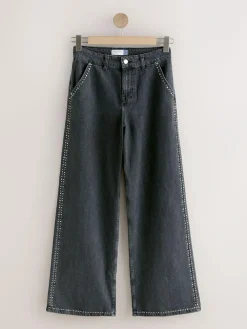 Clearance Next Grey Washed Black Embellished Studded High Rise Palazzo Wide Leg Jeans