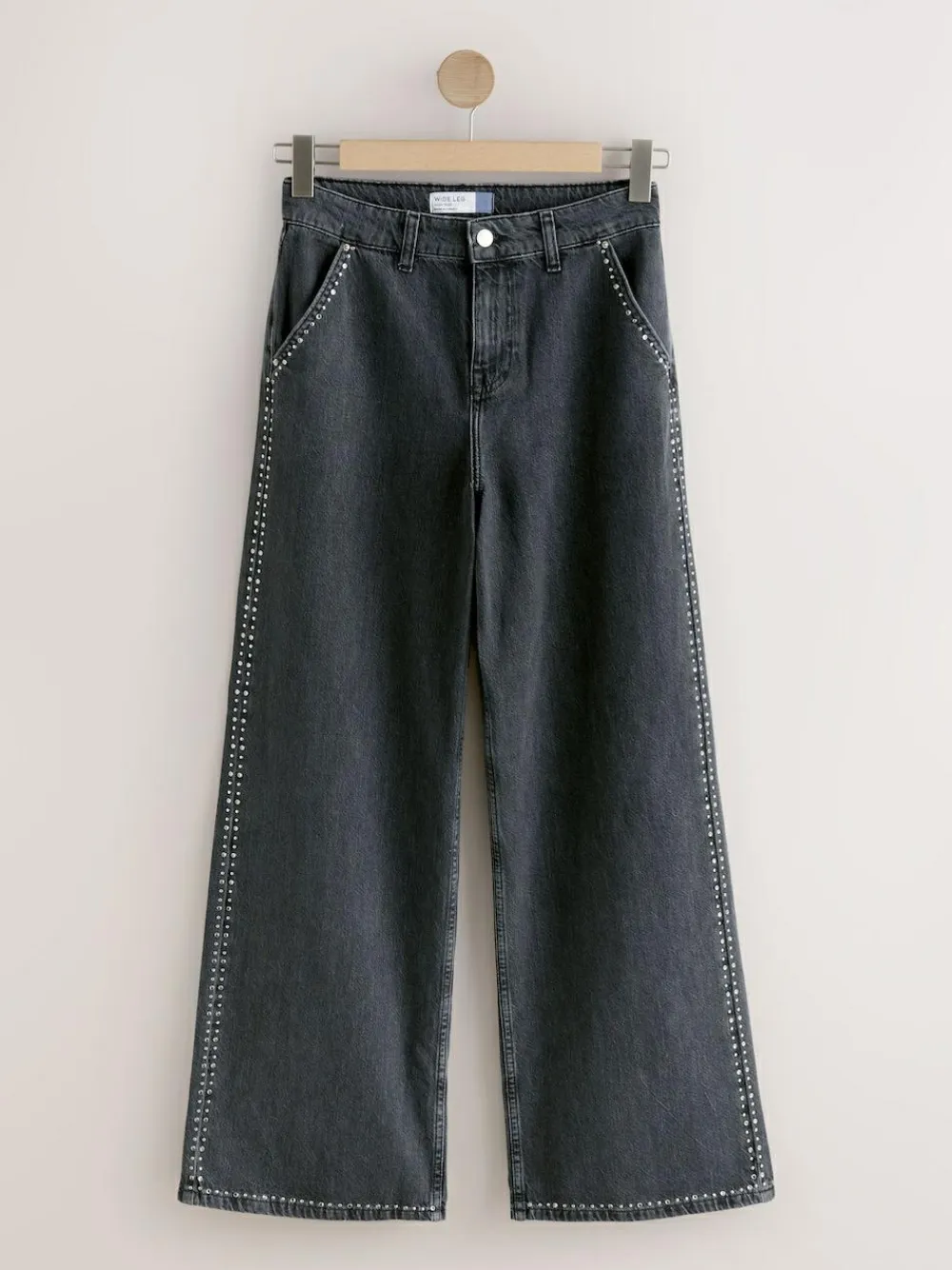 Clearance Next Grey Washed Black Embellished Studded High Rise Palazzo Wide Leg Jeans