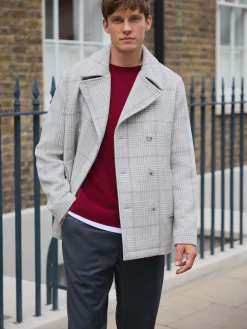 Next Grey Wool Blend Soft Touch Check Pea Coat^ Coats & Jackets|Coats & Jackets