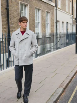 Next Grey Wool Blend Soft Touch Check Pea Coat^ Coats & Jackets|Coats & Jackets