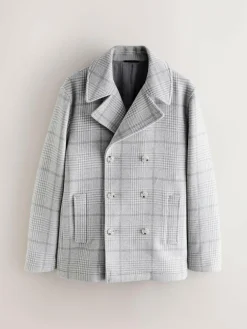 Next Grey Wool Blend Soft Touch Check Pea Coat^ Coats & Jackets|Coats & Jackets
