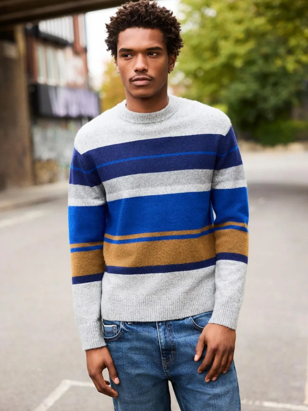 Hot Next Regular Fit Cosy Stripe Crew Jumper with Wool Grey/Blue