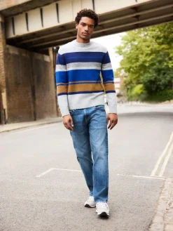Hot Next Regular Fit Cosy Stripe Crew Jumper with Wool Grey/Blue