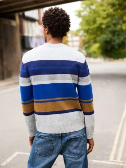 Hot Next Regular Fit Cosy Stripe Crew Jumper with Wool Grey/Blue