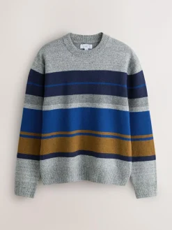Hot Next Regular Fit Cosy Stripe Crew Jumper with Wool Grey/Blue