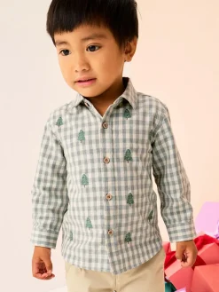 Next Grey/Ecru Long Sleeve All Over Embroidery Gingham Check Christmas Shirt (3mths-7yrs)^BOY Suits & Vest