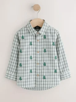 Next Grey/Ecru Long Sleeve All Over Embroidery Gingham Check Christmas Shirt (3mths-7yrs)^BOY Suits & Vest