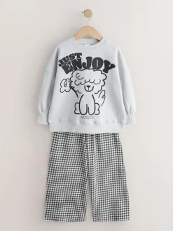 Best Next Sweatshirt and Wide Leg Trousers Set (3-16yrs) Grey/Gingham Dog