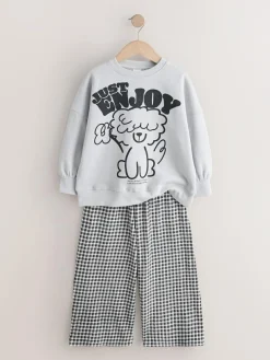 Best Next Sweatshirt and Wide Leg Trousers Set (3-16yrs) Grey/Gingham Dog