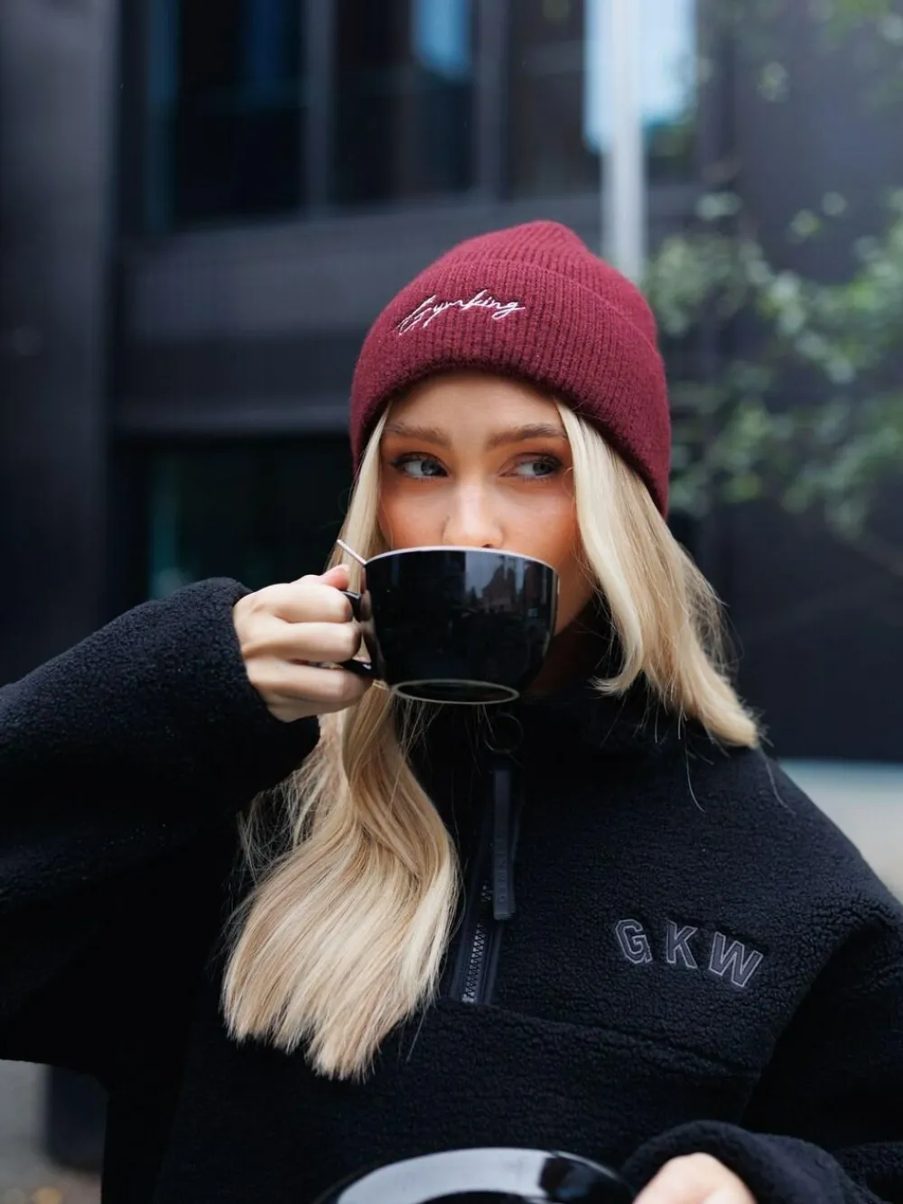 Sale Gym King Red Script Rib Knit Beanie