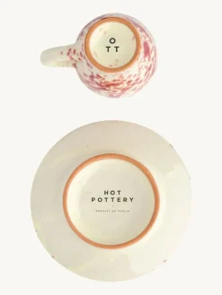 New Hot Pottery Set of 4 Splatter Espresso Set Cranberry