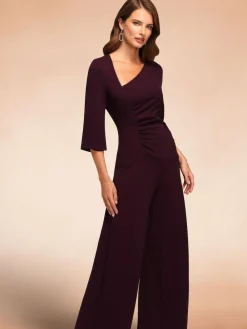 Outlet Hot Squash Ruched Jumpsuit with Sleeves Purple