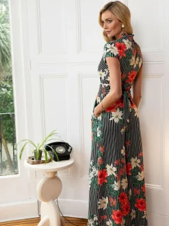 Clearance Hot Squash HotSquash Black Pin Striped Floral Wide Leg Jumpsuit