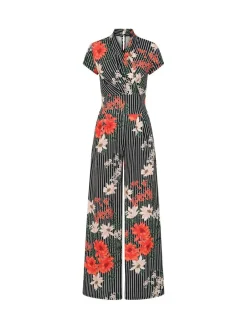 Clearance Hot Squash HotSquash Black Pin Striped Floral Wide Leg Jumpsuit