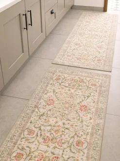 Hot Hug Rug Beige and Green Floral Print British Made Washable Country Paisley Runner