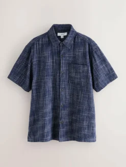 Next Indigo Blue Textured Crosshatch Short Sleeve Shirt