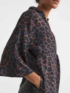 JD Williams Animal Collarless Placket 3/4 Sleeve Smock Dress^Women Maxi Dresses