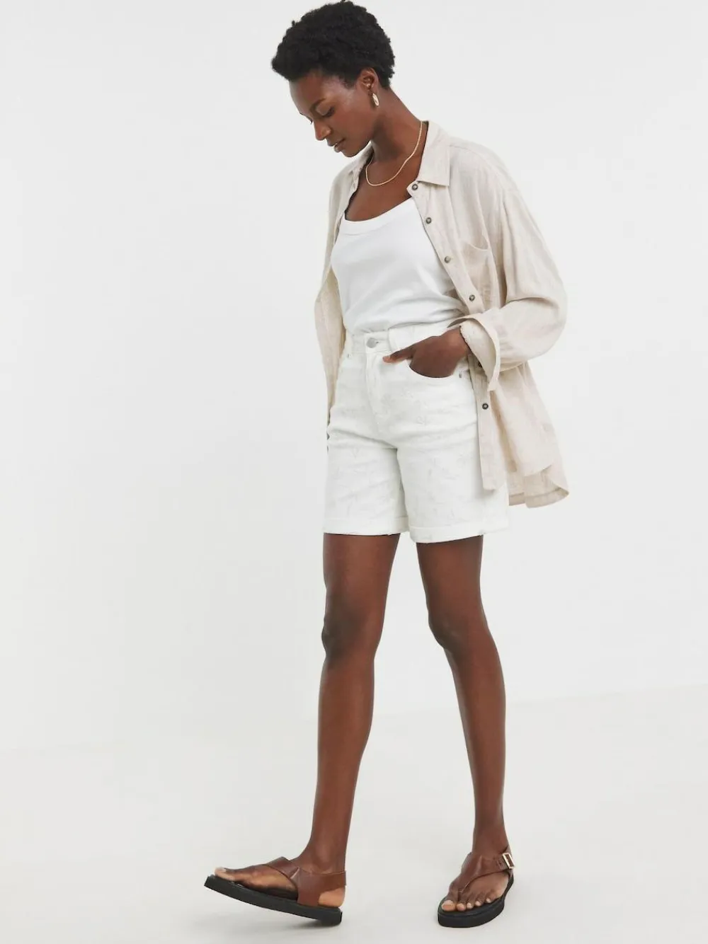 JD Williams White Floral Embroidered Denim Shorts^Women Shorts