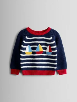 Hot Jojo Maman Bébé Blue Boat Stripe Crochet Jumper