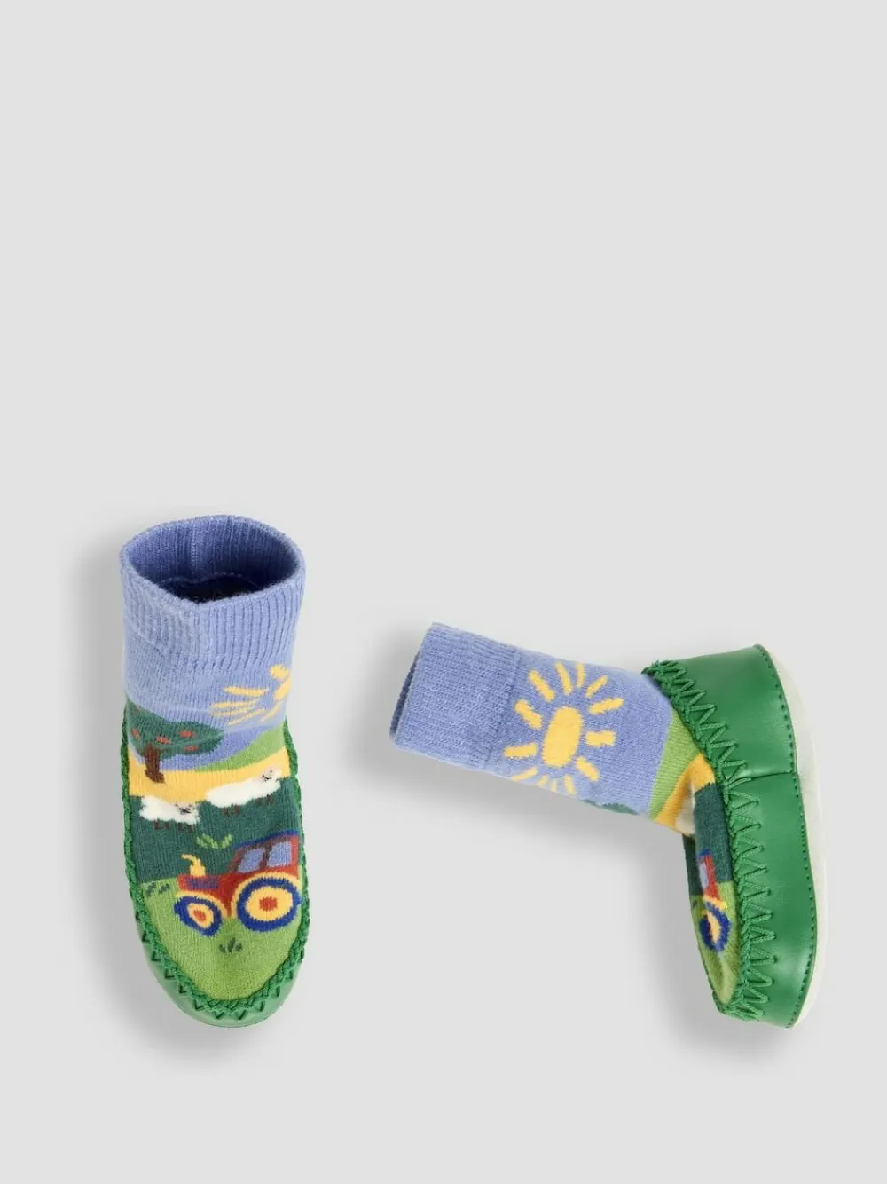 Jojo Maman Bébé Blue Farm Scene Moccasin Slipper Socks^BOY Nightwear