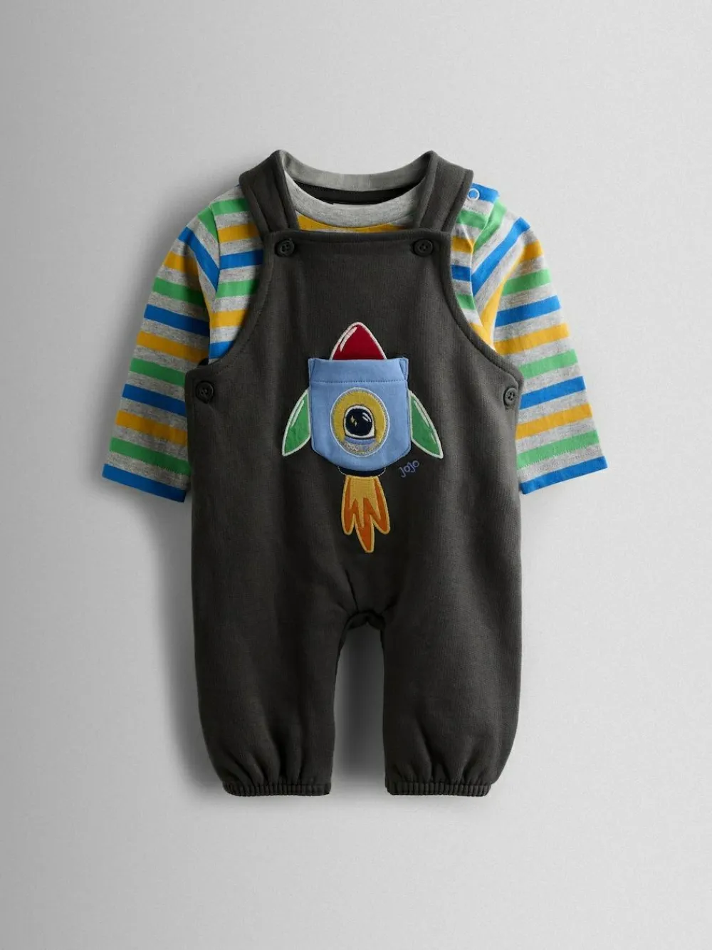 Hot Jojo Maman Bébé 2-Piece Turn Up Dungarees & Top Set Charcoal Grey Rocket