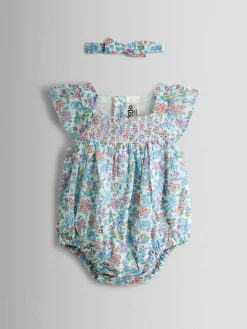 Hot Jojo Maman Bébé Cream Floral Smocked Bubble Romper and Headband Set