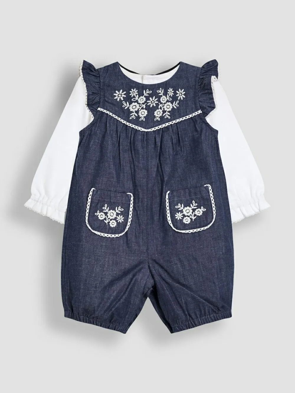 Jojo Maman Bébé Denim Blue Embroidered Chambray Dungarees & Top Set^ Jumpsuits & Playsuits