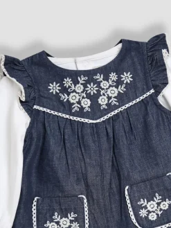 Jojo Maman Bébé Denim Blue Embroidered Chambray Dungarees & Top Set^ Jumpsuits & Playsuits
